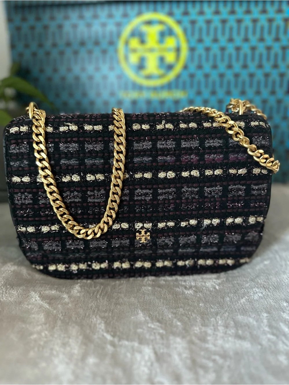Tory Burch Black Tweed Chain Crossbody with Gold Hardware